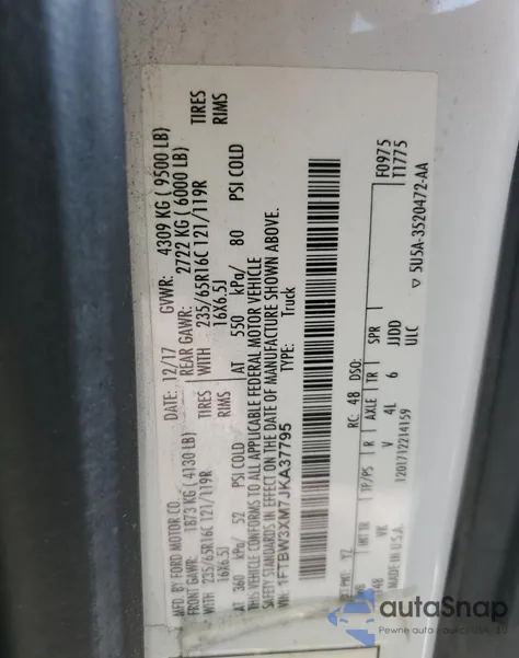 2018 Ford Transit T-350 из США, поврежденный, VIN 1FTBW3XM7JKA37795